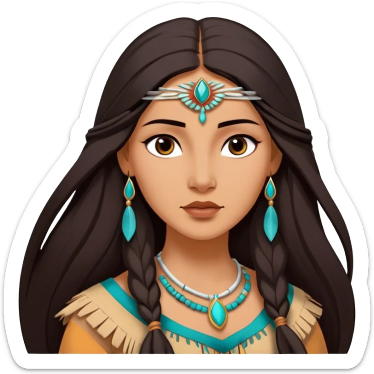 Cinematic Realistic Elegant Pocahontas Portrait, depicted with sun-kissed, warm skin rendered in lifelike detail and soft, natural lighting that accentuates its gentle glow. Her long, flowing dark hair is intricately detailed with natural movement, and her wise, expressive eyes shine with a deep, serene intensity. She is dressed in traditional attire with rich earthy tones and subtle turquoise accents, each fabric fold and texture rendered authentically. The portrait exudes a natural radiance that captures the timeless, indigenous beauty of Pocahontas with depth and authenticity. sticker