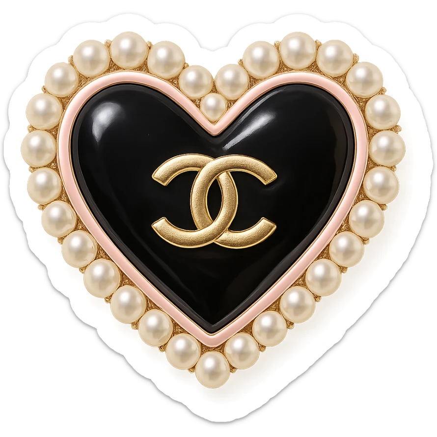  only the elegant heart with pearls and gold Chanel logo, glossy, pastel colors, realistic style, with no background. black pink,  sticker