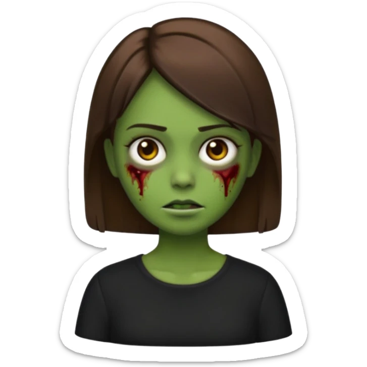 Zombie girl emoji verde um pouco escuro com cabelo curto liso castanho no ombro com uma blusa preta sticker