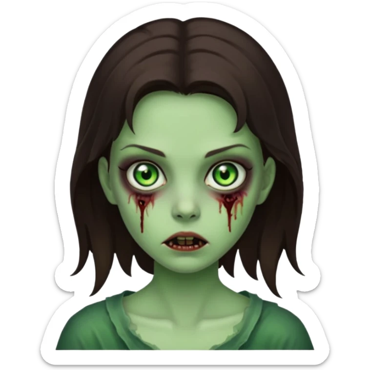 brunette zombie girl, glowing green eyes, horror zombie green sticker