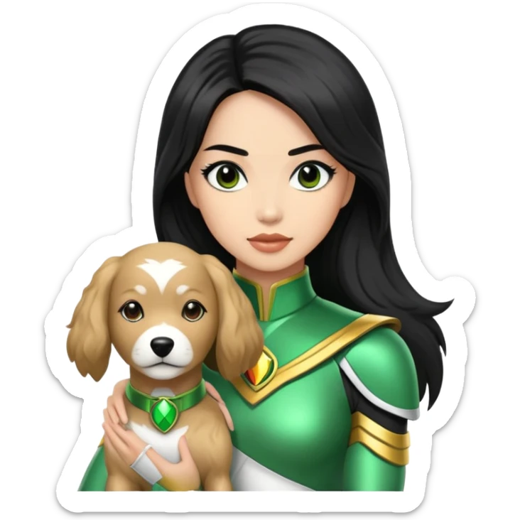 female green power ranger with wasian features, long black hair, and a fully light brown cockapoo dog at her side sticker