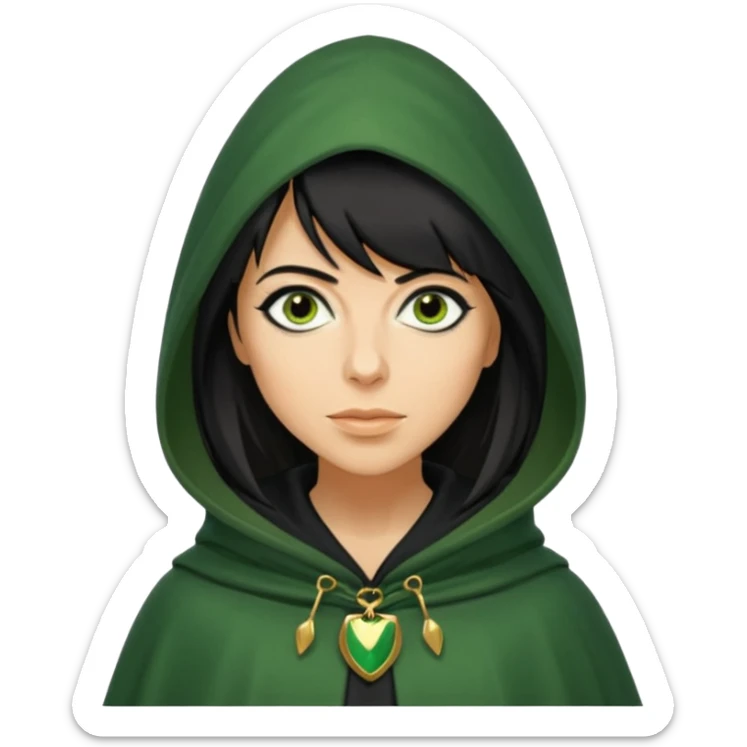 claudia winkleman as a traitor with a green hooded cloak with a gold clasp and dark black eyeliner sticker