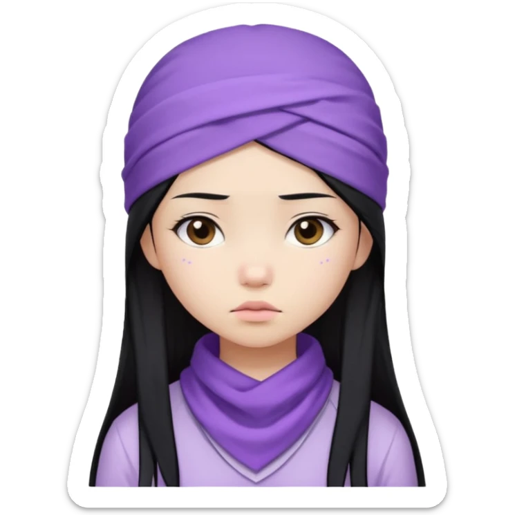Sad Asian girl, straight long hair, lilac bandana, white and lilac clothing sticker