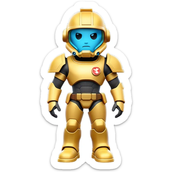 Clash of Clans aesthetic: Cinematic Playful Terran Marine Hero Emoji, rendered in a 3D vector-style similar to standard emojis with minimal shading and bold, simplified shapes. A compact, heroic isometric figure clad in futuristic power armor with signature energy accents, softly glowing with a cosmic battle charm. Simplified yet unmistakably iconic, highly detailed and consistent, glowing with a soft radiant shine and high gloss. Stylized with a touch of interstellar valor and a soft glowing outline, capturing the essence of an elite space warrior with a friendly, playful manner! sticker