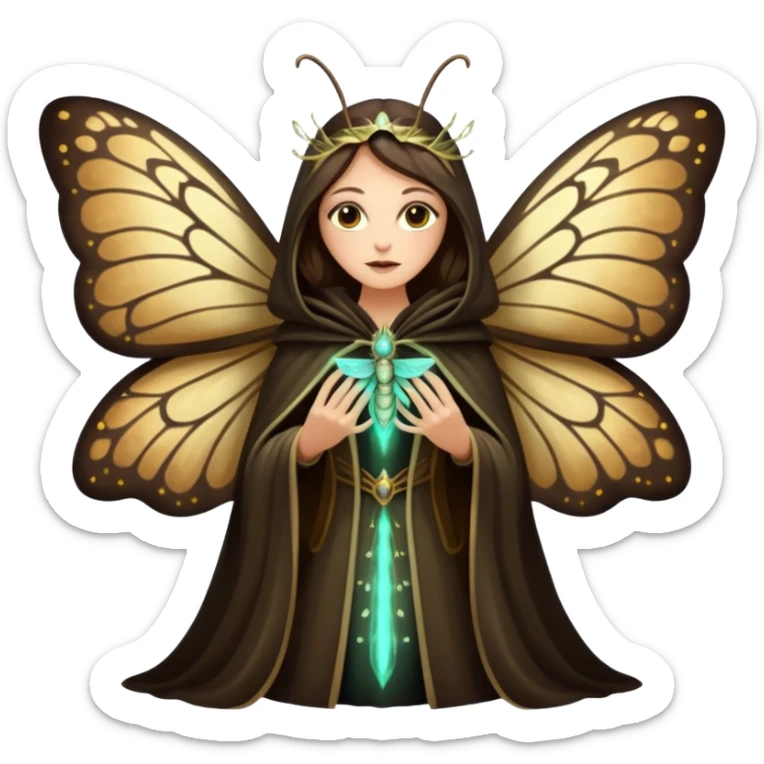 mystical woodland woman dressed as moth queen, velvet wing cloak, glowing dust sticker