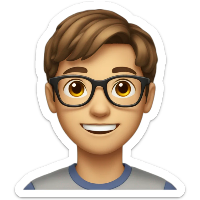a 12-year-old boy with brown hair and glasses smiles broadly sticker