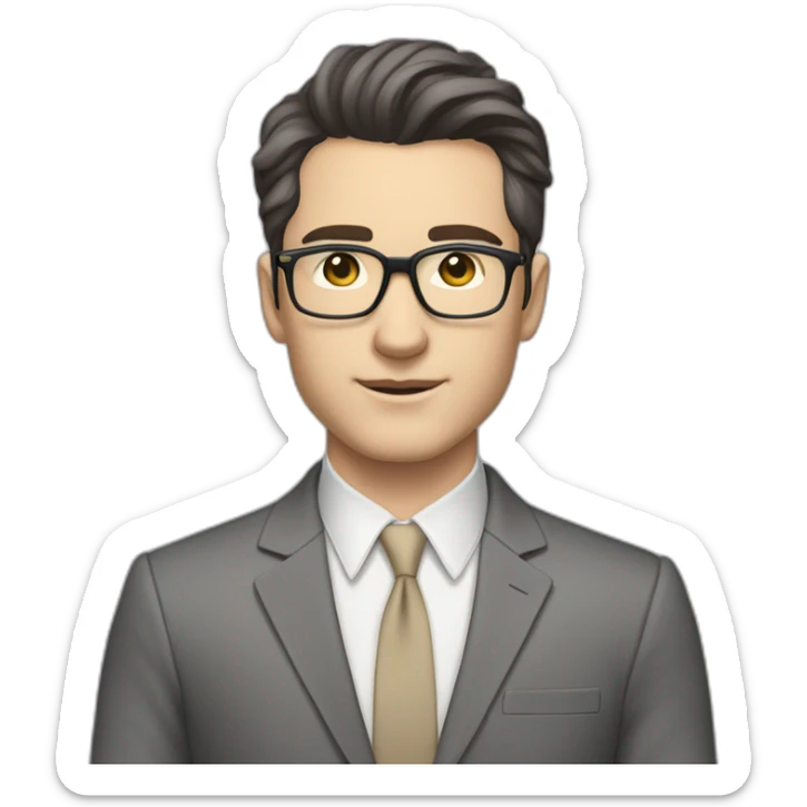 Full height Pale skinned Fit Man With dark brown hair in classic gray suit, beige office shirt, dark gray tie, and vintage glasses. His hands lock sticker