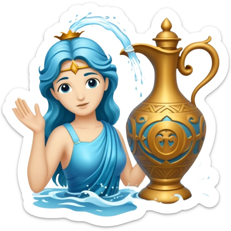 The zodiac symbol Aquarius. A mystical and beautiful water bearer, holding and pouring water from a large, intricate, and arcane vase into the sea sticker