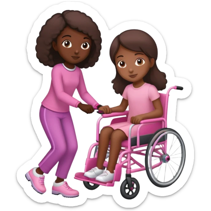One dark skinned sister pushing her light brown sister in a pink wheelchair sticker