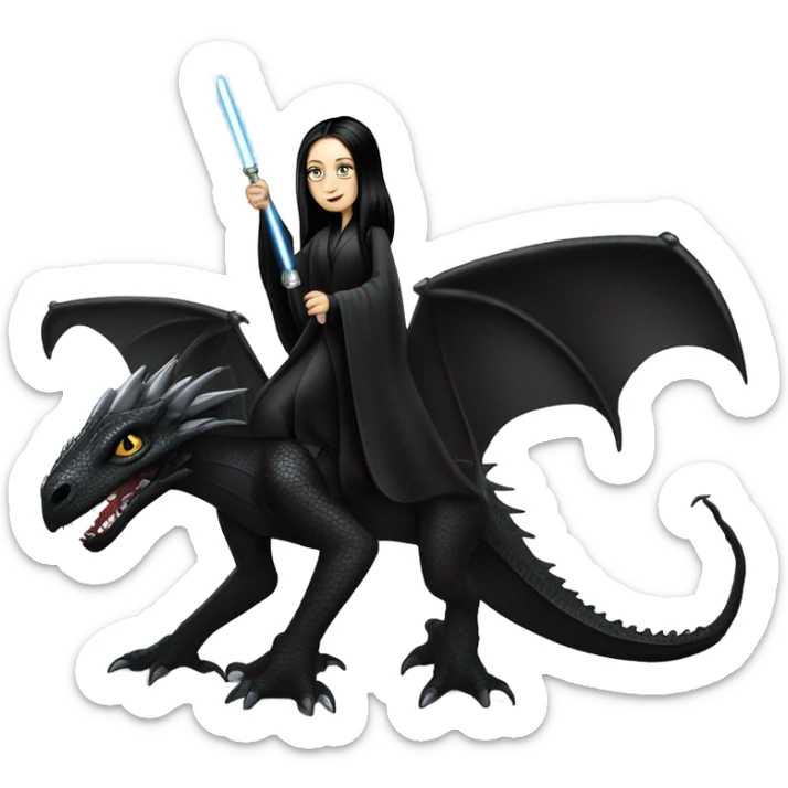  beautiful armored teen Morticia Addams Jedi riding on the back of a very large black shiny dragon sticker