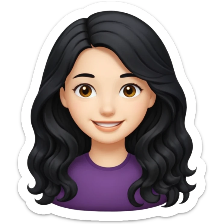 Please generate a portrait of a pretty girl with long, wavy, black hair. She's smiling. She also wears a left side parting. sticker
