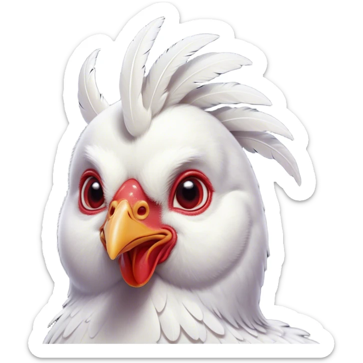 Cinematic Cute White Chicken Portrait Emoji, Head tilted playfully and inquisitively, featuring smooth, immaculate white feathers and a delicate red comb, round, sparkling beady eyes filled with curiosity, Simplified yet irresistibly adorable features, highly detailed, glowing with a warm, friendly glow, high shine, affectionate and lively, stylized with a touch of farmyard whimsy, bright and endearing, soft glowing outline, capturing the essence of a mischievous yet loving chicken, so playful it feels like it could peck out of the screen and into your arms! sticker