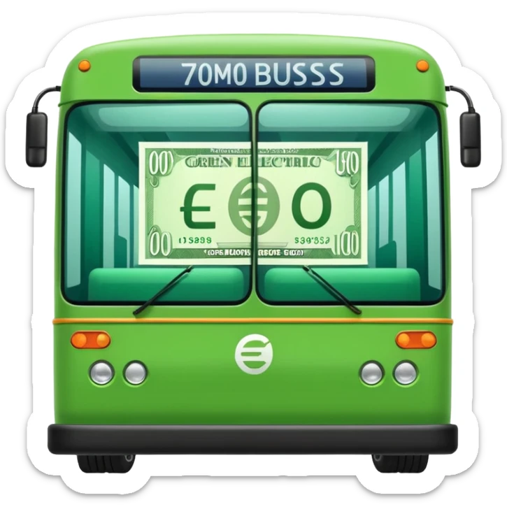 green electric bus with a large green euro bill, no text on the bus sticker