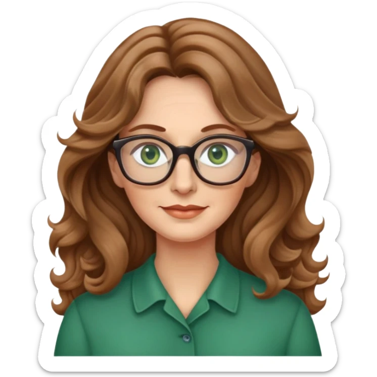 Light brown wavy hair woman long hair green eyes glasses 50 years old sticker