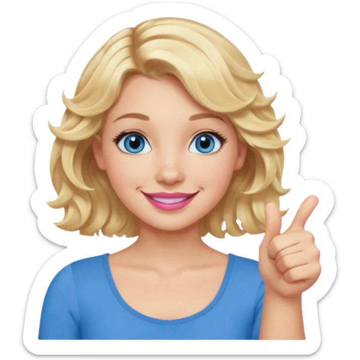 Girl Blonde short wavy hair,  blue eyes, cute blue top, long lashes, pink lips, smiling, thumbs up sticker