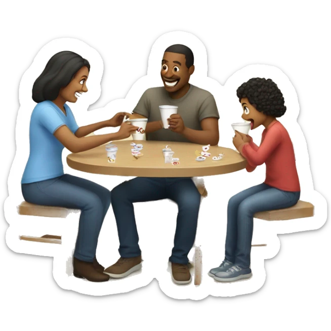 An emoji of a family—mother, father, and child—sitting at a table, playing a cup game with paper cups arranged on the table as they have fun together sticker