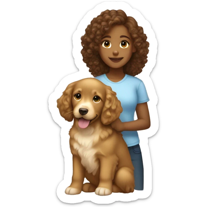 Light brown skinned girl with brown curly hair with a golden retriever puppy sticker