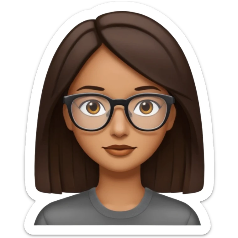 woman with tan skin, shoulder length straight dark-brown hair and glasses sticker