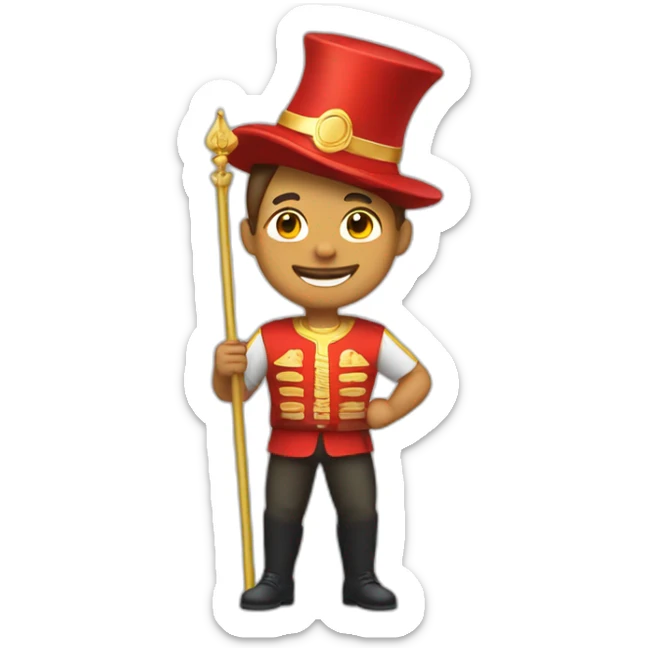 Design a full-body emoji of a strong man with a confident smile, dressed in red and gold, wearing a New Year's hat, and holding a small flag. sticker