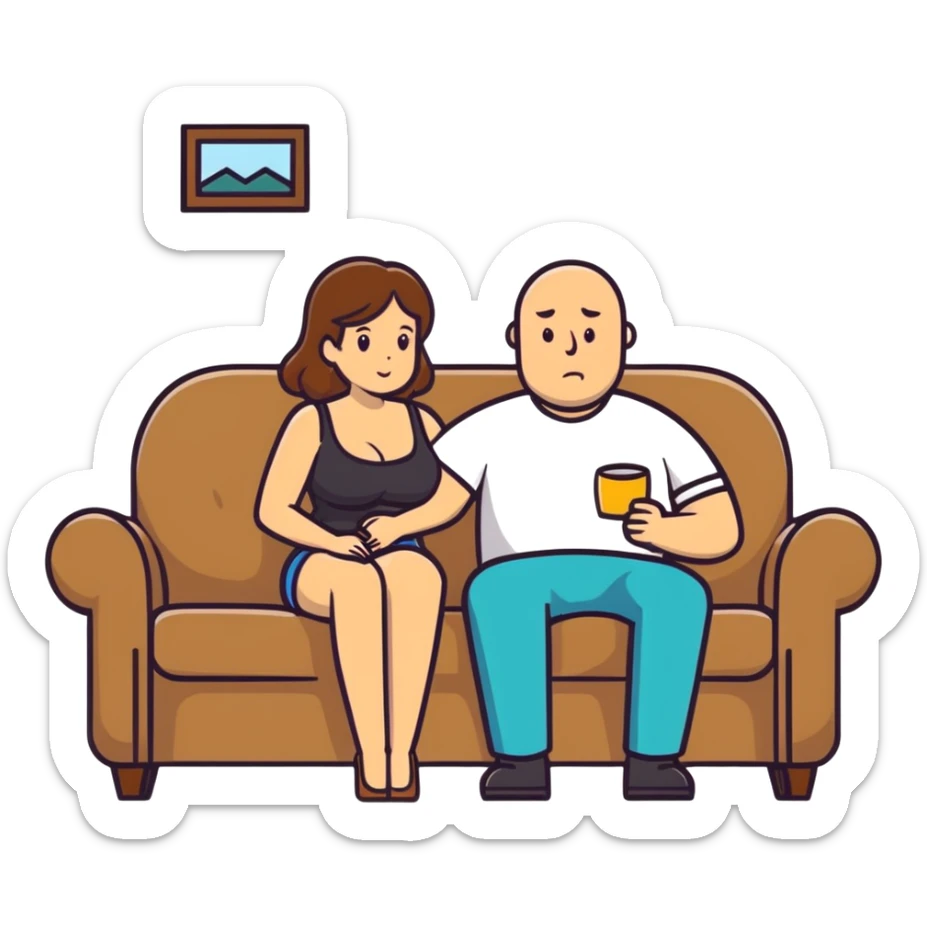 One Caucasian woman with brown hair big boobs sitting on a couch with a bald man sticker