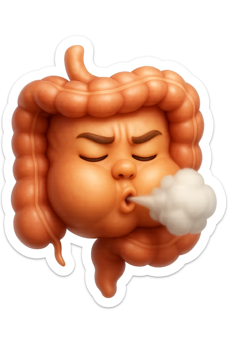 emoji stile iphone di un intestino che ingoia una nuvoletta di aria ben visibile e gli si gonfia la pancia, non fargli il naso, iperrealistico 4k sticker