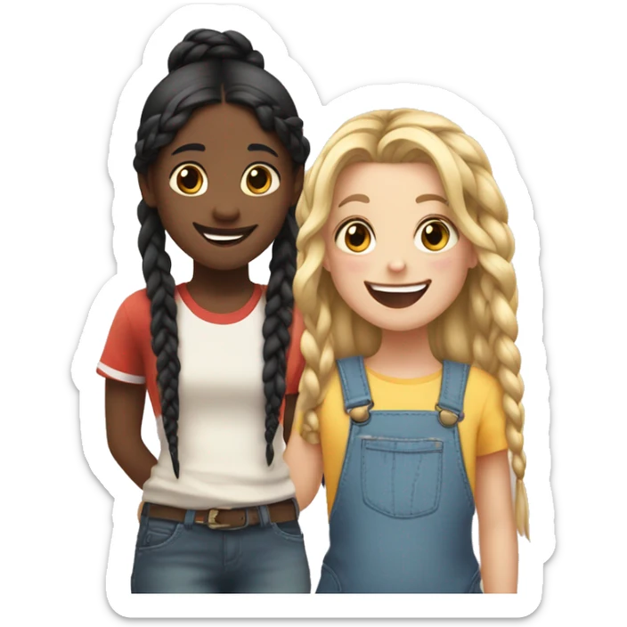 An emoji of a girl with very long blonde hair and a cheerful expression, standing next to a small girl with black hair styled in two braids, both smiling happily sticker