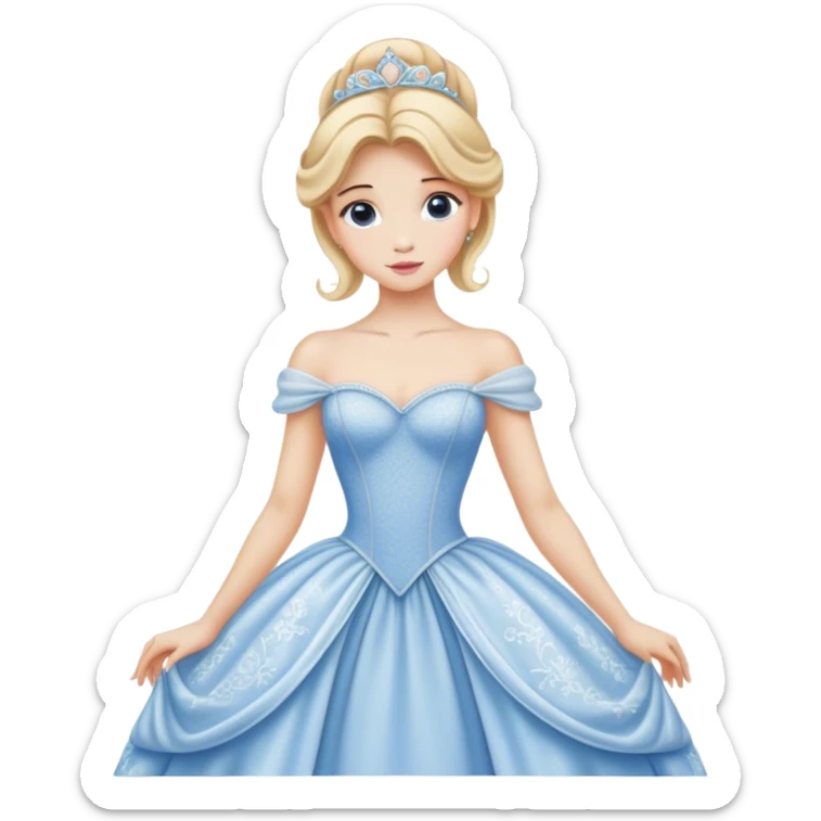 Cinematic Realistic Cinderella Portrait, depicted with lifelike porcelain skin, elegantly styled blonde hair, and a serene, graceful expression. Dressed in her classic ball gown with intricately detailed fabric textures and delicate pastel hues that catch soft, natural lighting, this portrait captures the timeless beauty of a fairy tale princess. sticker