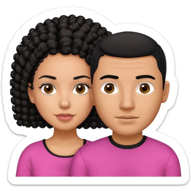 A picture if a couple, the man is a Mexican man with  black hair, a buzz cut and black shirt on.the woman is mixed with black and white, with curly hair and a pink shirt on sticker