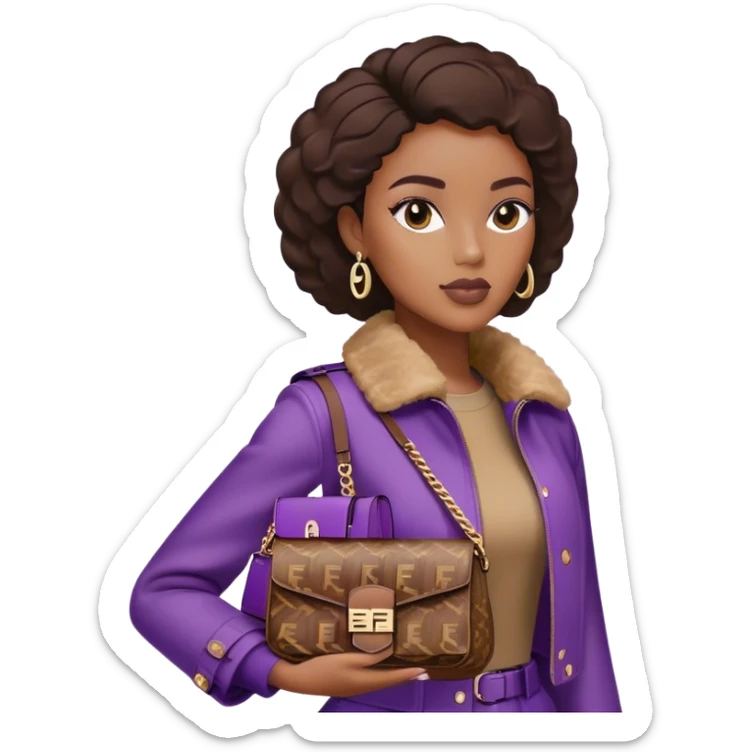 Beautiful black woman wearing a brown monogram Fendi jacket and carrying a purple Fendi baguette bag. I want the image to start at her head and end at the waist sticker