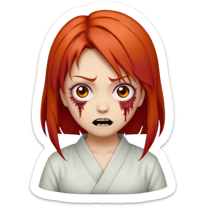 zombie emoji Paklov, dark orange red hair, hair styled in the shape of megumi from jujutsu kaizen, sticker
