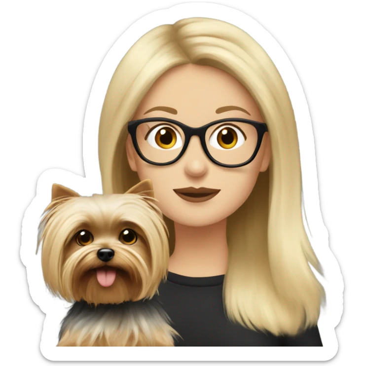 White girl, blonde hair, wearing glasses kisses Yorkshire terrier  sticker