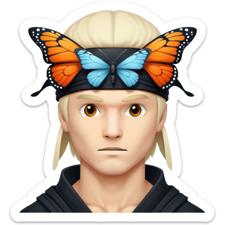 Crea un emoji con estos dos emoji 🥷🏻🦋
él ninja de piel blanca con la mariposa posada en cabeza como si estuviera volando. sticker