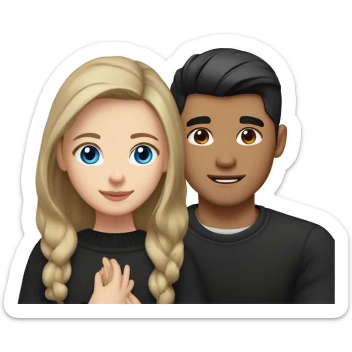 dark Blonde girl with blue eyes in black sweater and an east asian with light skin man with black hair and black eyes hugging sticker