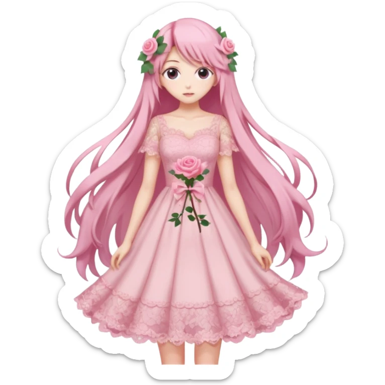 pastel anime woman with pink roses lace dress full body sticker