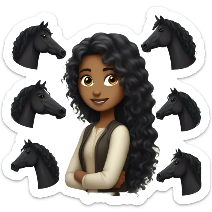 Saudi girl with a long black curly hair and beautiful black Arabian horse  sticker