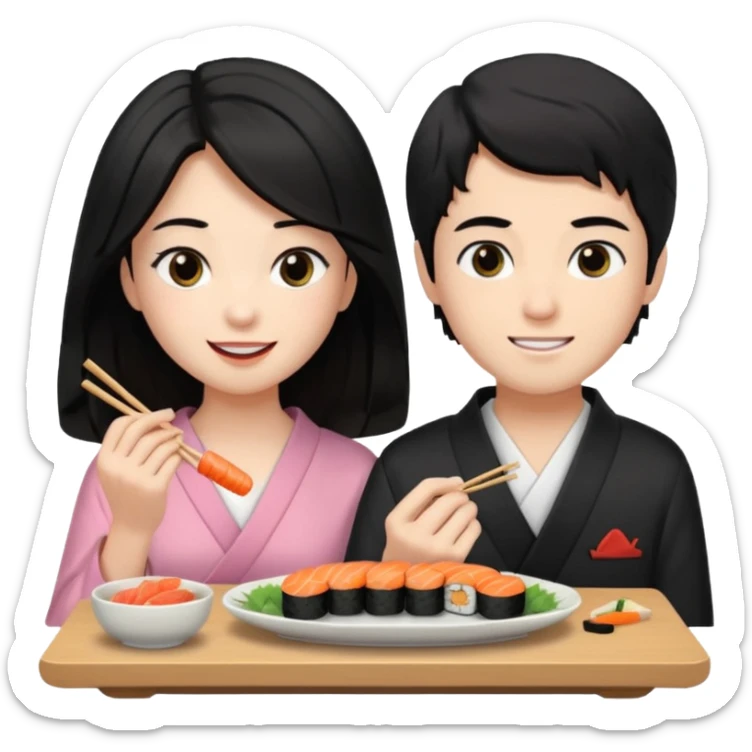 czarnowłosa ksieżniczka w dlugich wlosach je sushi z chłopakiem o czarno brązowych włosach i są zadowoleni i są nastolatkami i te włosy są lekko krecone i chłopak ma włosy do wysokosi nad brwiami sticker