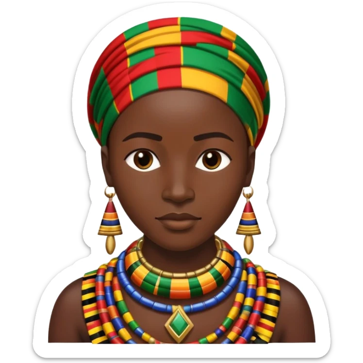 African person wearing traditional colorful Kente cloth and beaded jewelry sticker