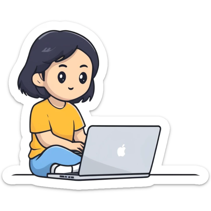 Asian girl with black hair sitting and watching a MacBook laptop sticker