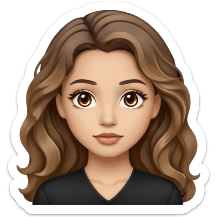 brown balayage hair long wawy (not to much curly/not afro), light skin tone, brown eyes, not too skinny, black outfit, beauty mark on  the left side of the face next to the lip

 sticker