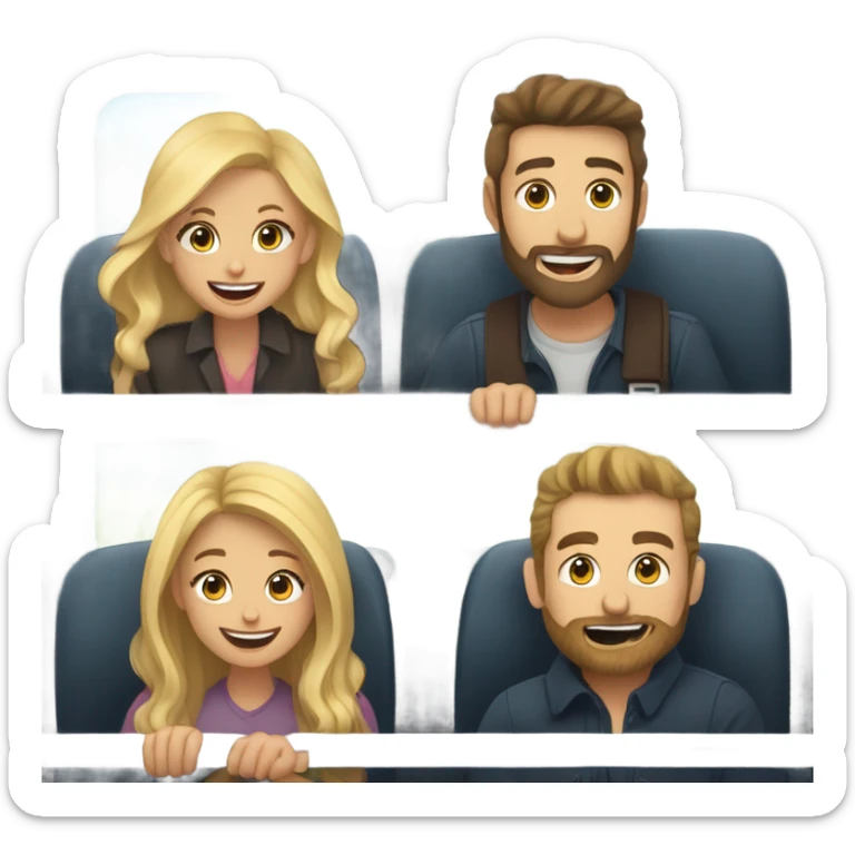 A woman with long dark hair and a woman with long blond hair, a bearded man with long dark hair and a man with short blond hair and sunglasses sitting in a booth on a train laughing . They are all white sticker