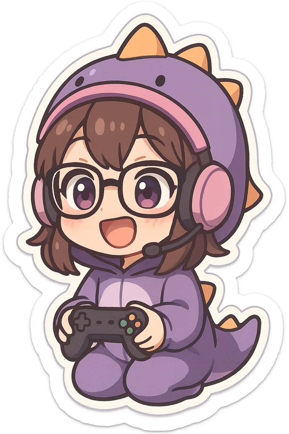chibi anime style gamer girl with glasses, brown hair, dark purple eyes, wearing a purple dinosaur costume, excited emote, no controller sticker