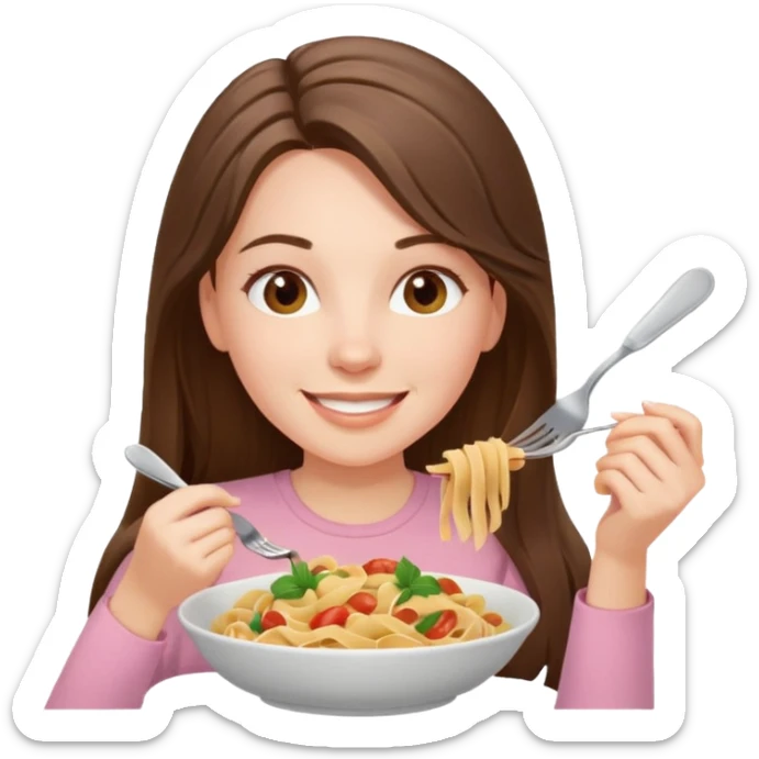smiling white long brunette hair girl with hazel eyes in light pink with pasta sticker