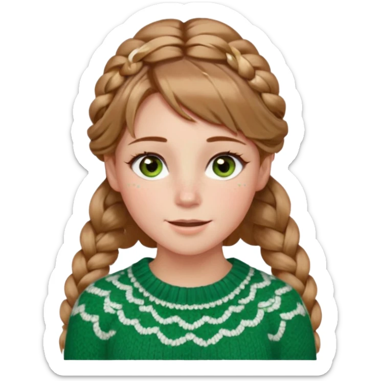light brown hair blonde hair hazel/green eyes woman with a white cable knit sweater and one braid down her back  with tendrils of hair flowing down her face and she is happy pale, some freckles, blush. she has a cateye wing and long lashes sticker