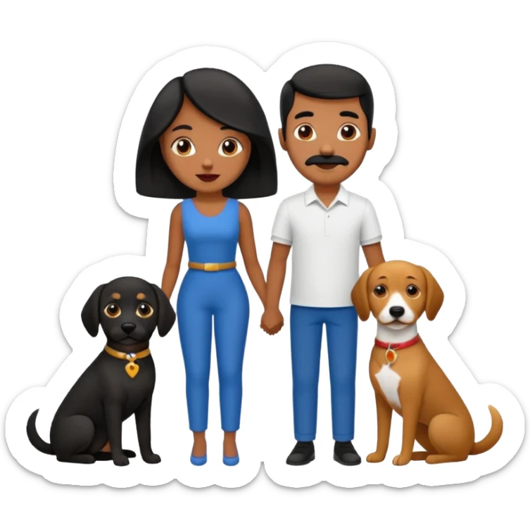 Pareja de novios, pelo negro ambos, y con dos perritos pincher en brazos, el hombre sin bigote y la mujer con pelo largo sticker