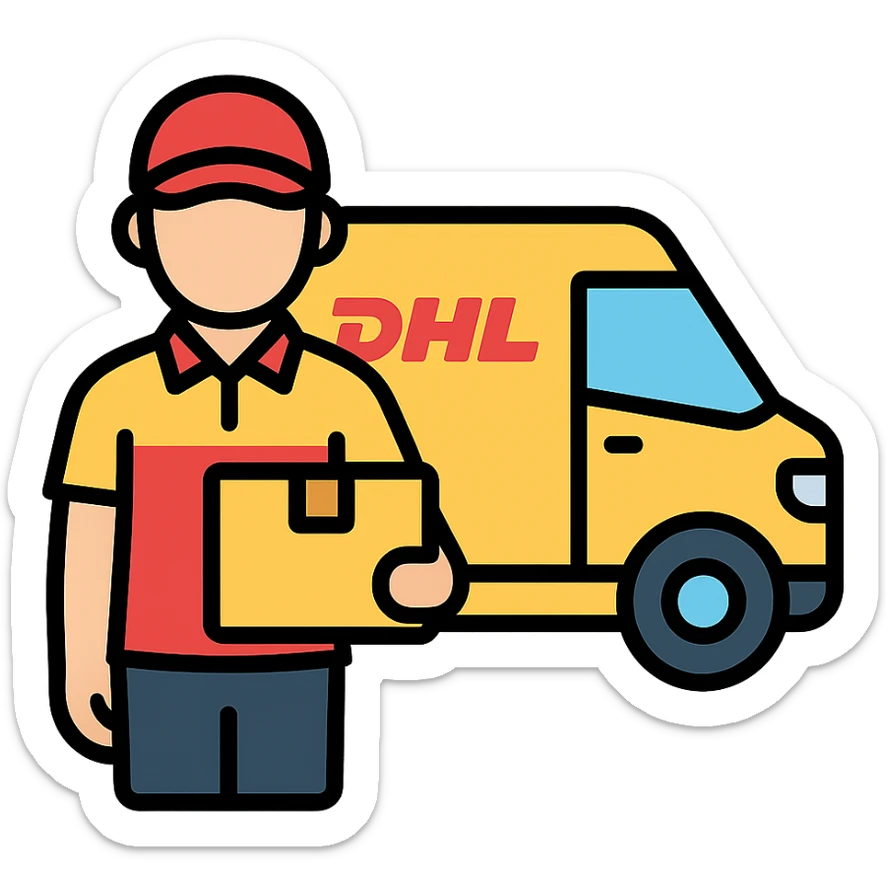 DHL delivery person in red and yellow uniform standing next to a DHL van, icon style sticker