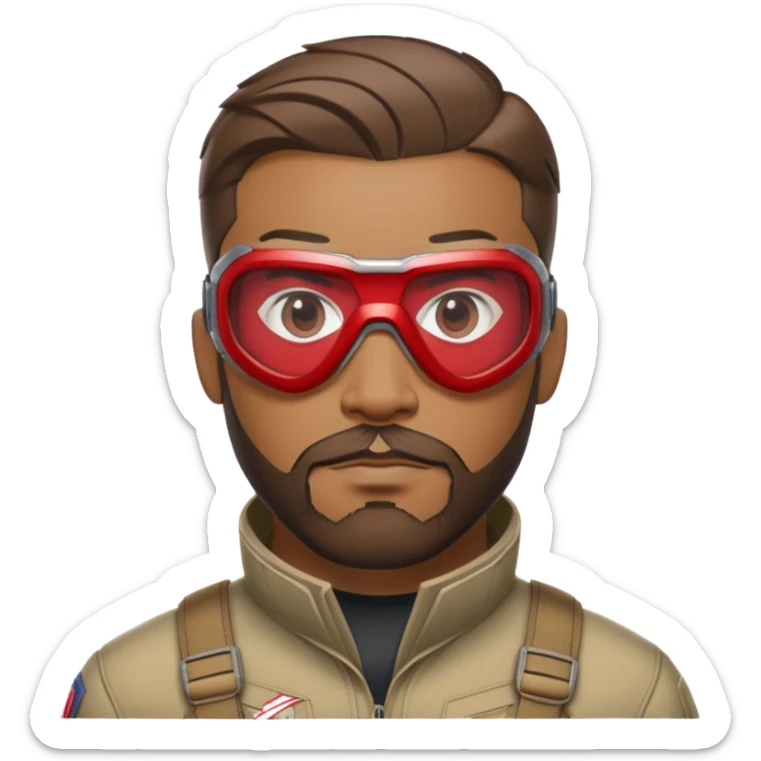 sam wilson with very short hair, close to the scalp and  a well-groomed beard that connects to his mustache,  wear sleek, red-tinted tactical goggles fit snugly from captain america: civil war sticker
