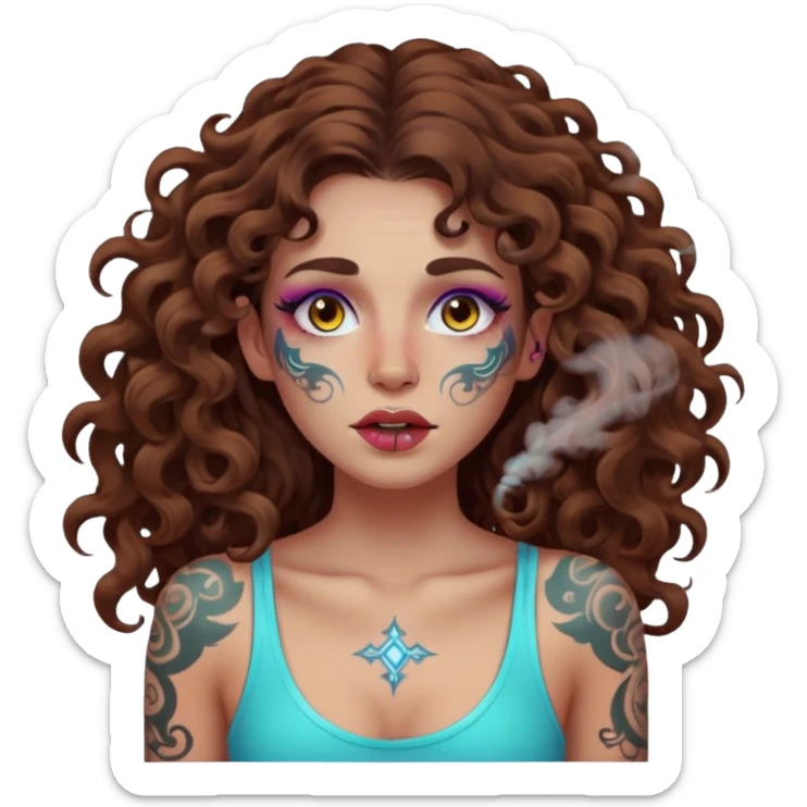 woman with long curly brown hair, brown eyes, white skin, tattoos, neon fog coming from her breath sticker