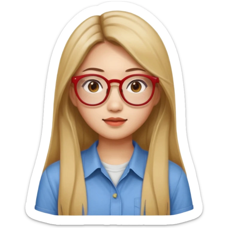 20 yr old asian woman, straight thick long brown hair, blond at tips of dark brown hair, center part to hair, big red glasses, brown eyes, casual shirt sticker