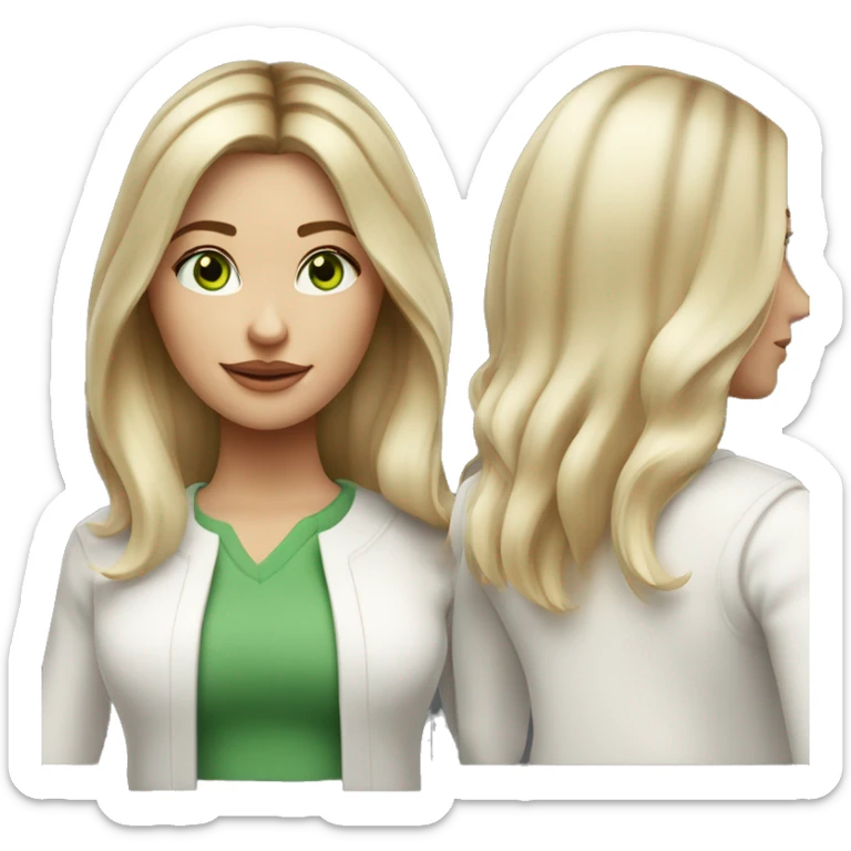 blonde balayage hair woman, shoulder length straight hair, green eyes, white cardigan sticker