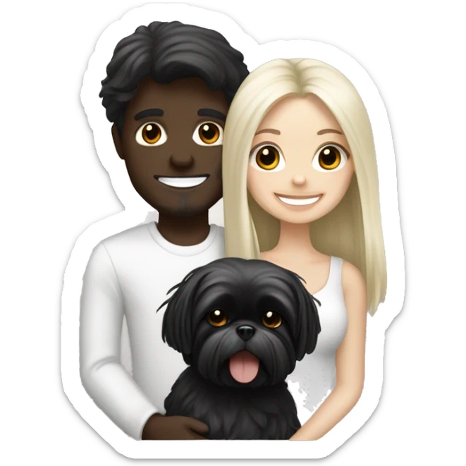 White blonde long-haired girl, white brunette boy carrying happy, black Shih Tzu sticker